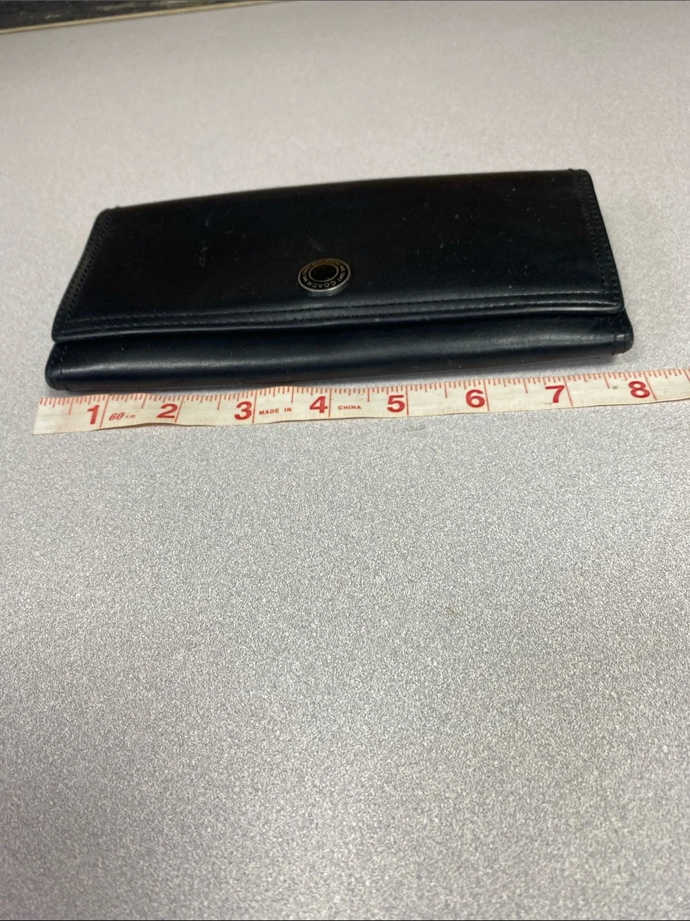 Coach Black Leather Trifold Wallet with Signature Metal Snap